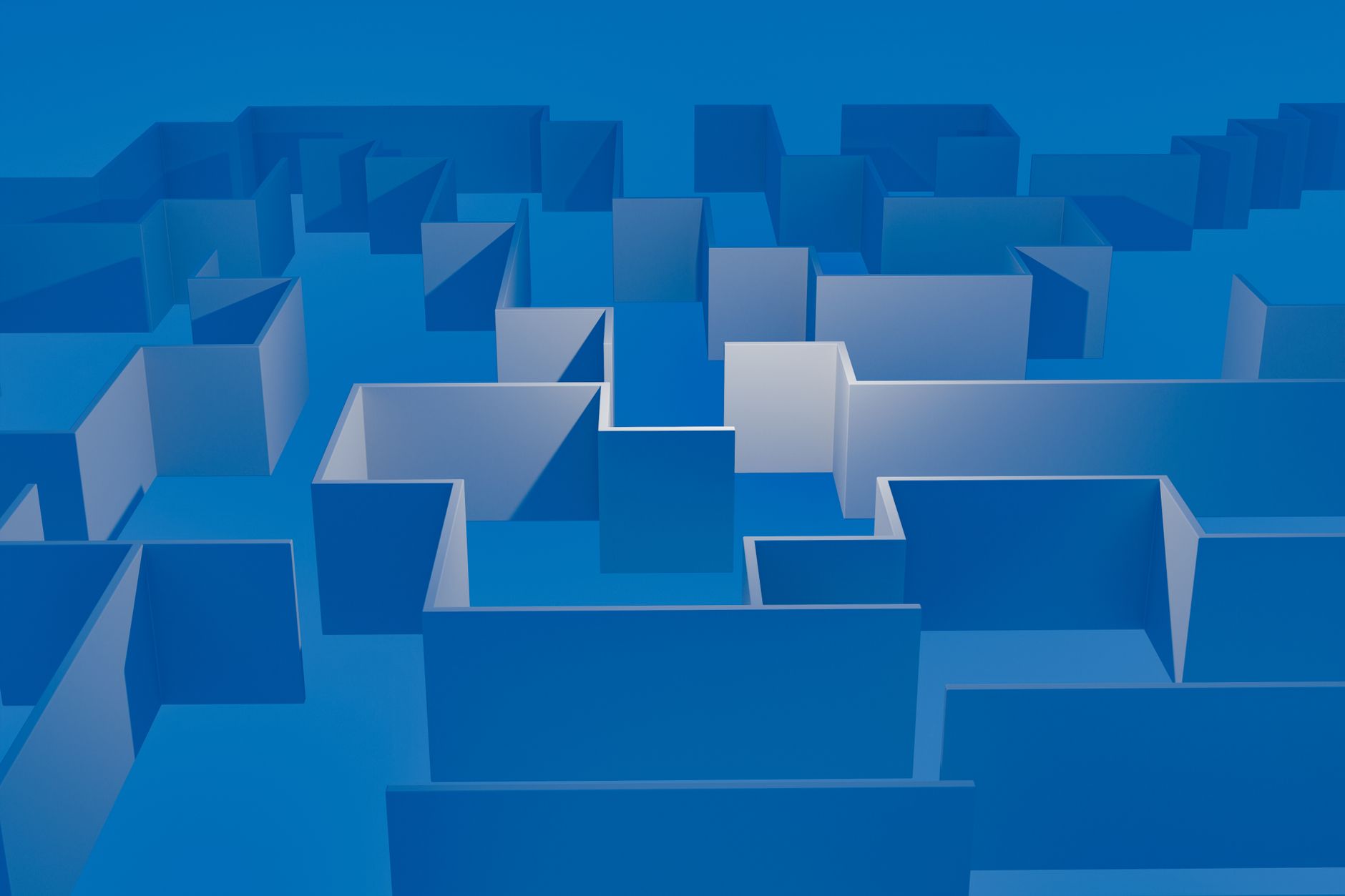 Explore an abstract blue maze filled with geometric shapes and 3D structures.
